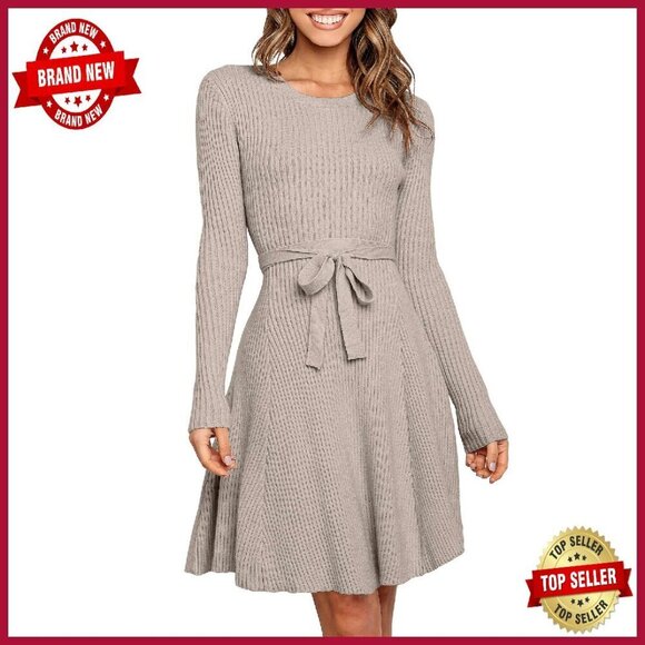 Dresses & Skirts - Long Sleeve Midi Dress Ribbed Knit Tie Waist Bodycon Fall Casual